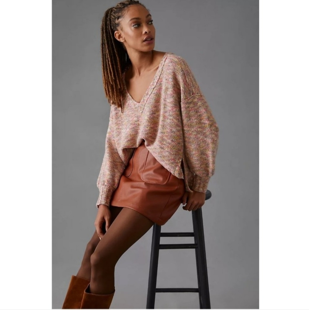 Anthropologie Pilcro Pink Marl Deep-V Sweater NWT Size X-Small